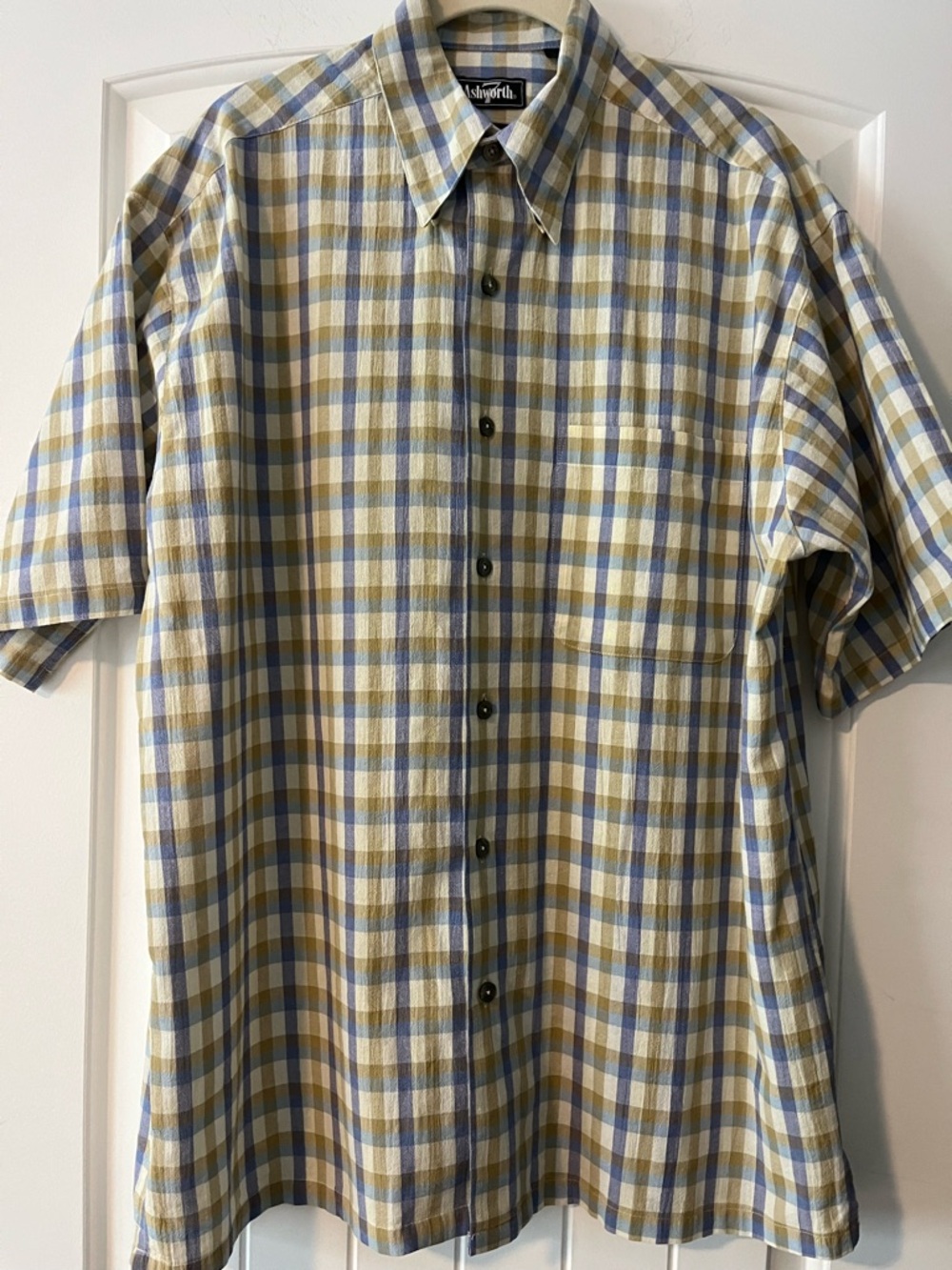 Ashworth  Men’s Short Sleeve Plaid Button-Up Shirt - Blue & Tan